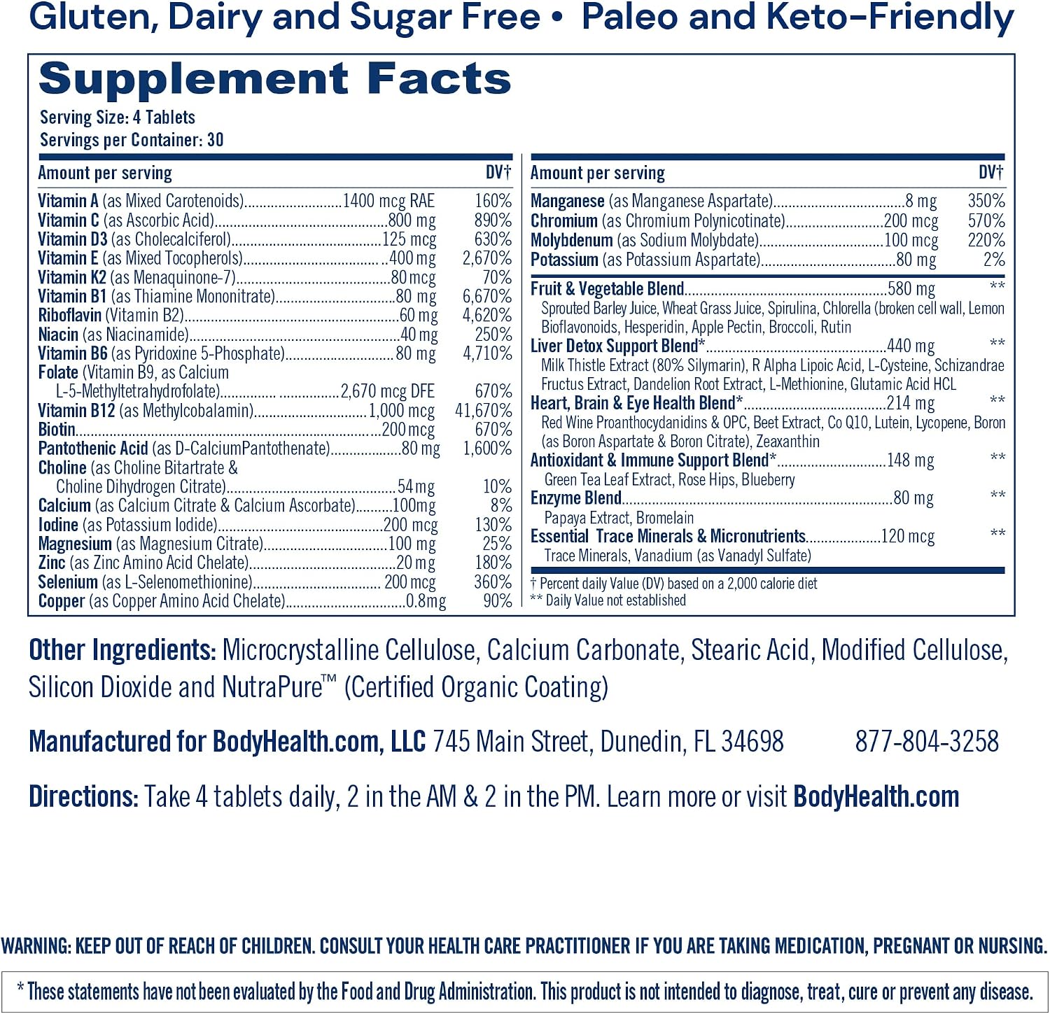BodyHealth Multi Complete (120 Cápsulas) - Multivitamínico Diario con Alimentos Integrales, Minerales, Antioxidantes y Extractos para el Hígado
