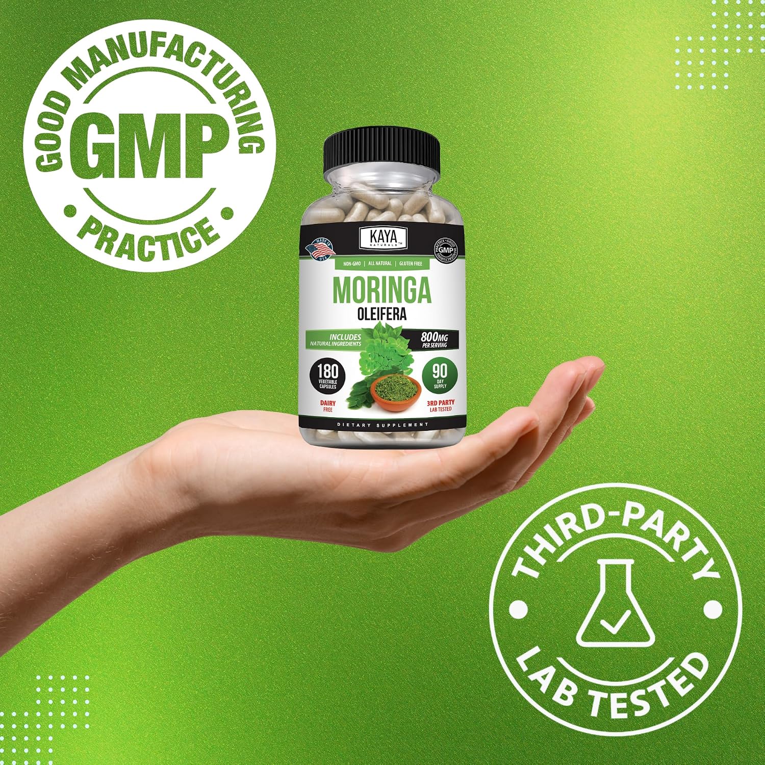 Kaya Naturals Extracto de Hoja de Moringa - Superfood Verde Completo - 180 Cápsulas Vegetales