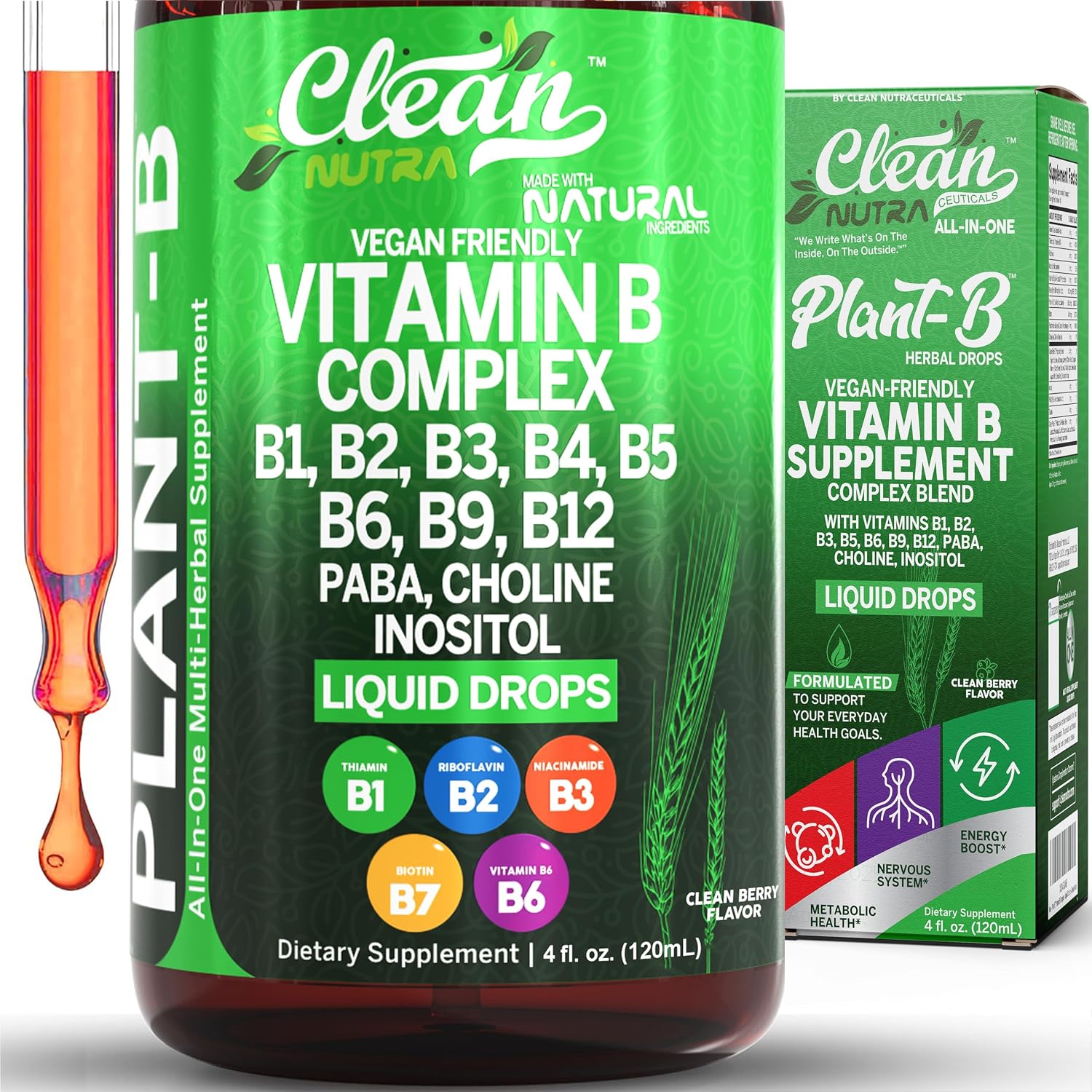 Complejo de Vitaminas B Líquido - Gotas de Vitamina B1, B2, B3, B5, B6, B7, B9, B12, Minerales y Hierbas - Clean Nutra
