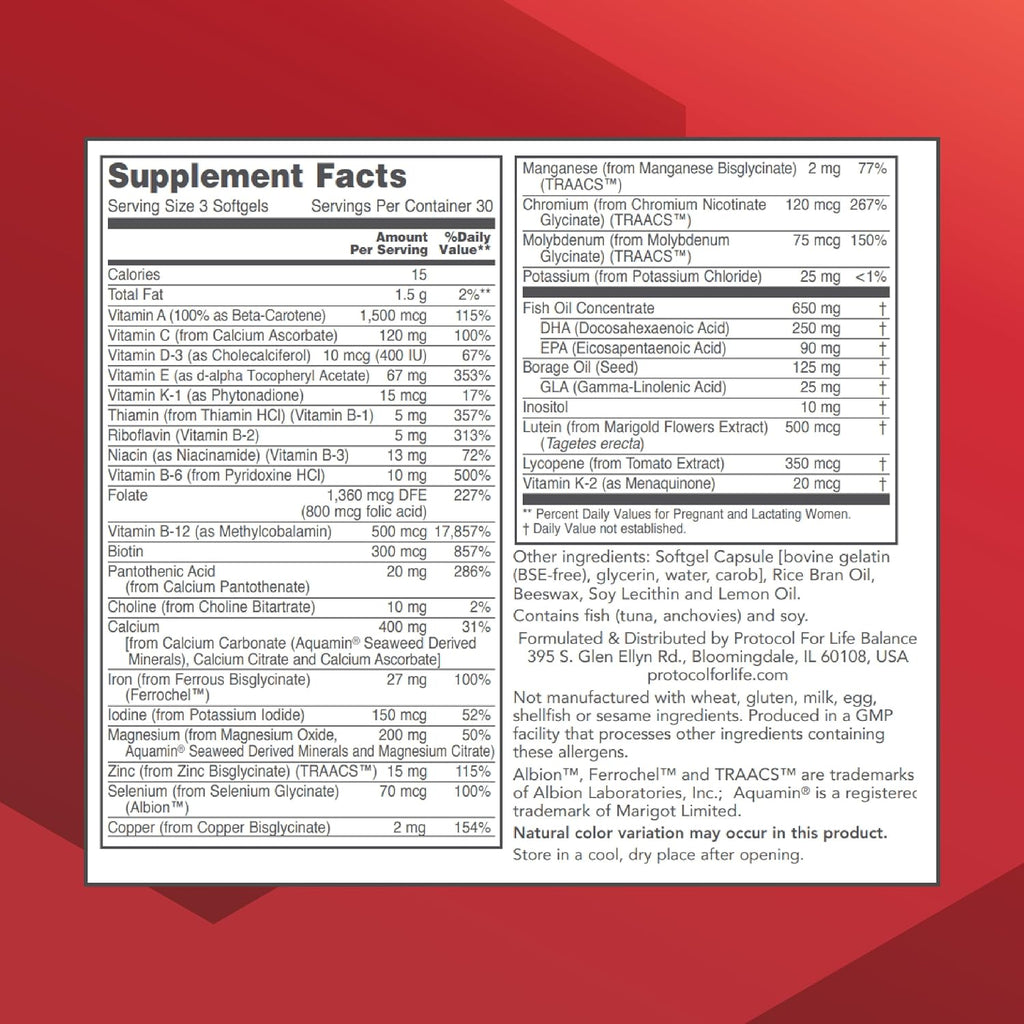 PROTOCOL FOR LIFE BALANCE Multivitamínico prenatal con DHA - 250 mg DHA - 90 Cápsulas Blandas