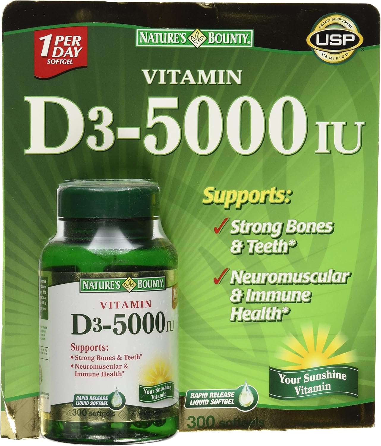 Nature's Bounty Vitamina D3 5000 UI, 300 Cápsulas Blandas