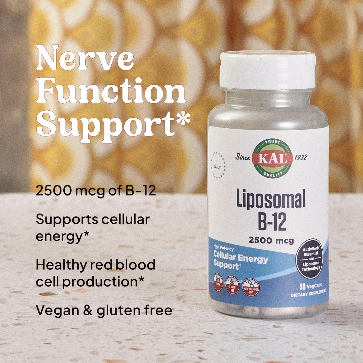 KAL Liposomal Vitamina B12 2500 mcg - Alta Absorción - Tecnología Liposomal - Cápsulas Veganas - Sin Gluten - Sin Soja - 30 Dosis