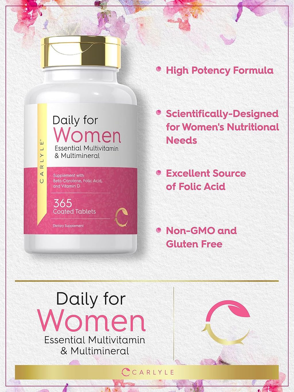 Carlyle Multivitamínico y Multimineral para Mujeres - 365 Comprimidos - Con Betacaroteno, Ácido Fólico y Vitamina D