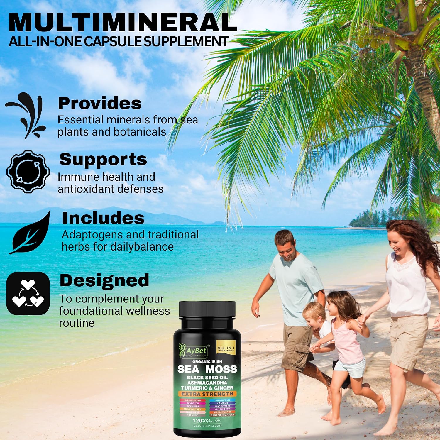 Cápsulas de Musgo Marino Orgánico Irlandés – 120 Cápsulas – Suplemento 16 en 1 con Aceite de Semilla Negra, Ashwagandha, Cúrcuma, Jengibre, Bladderwrack, Raíz de Bardana y Vitamina D3 – Orgánico, Vegano, Halal, No-GMO