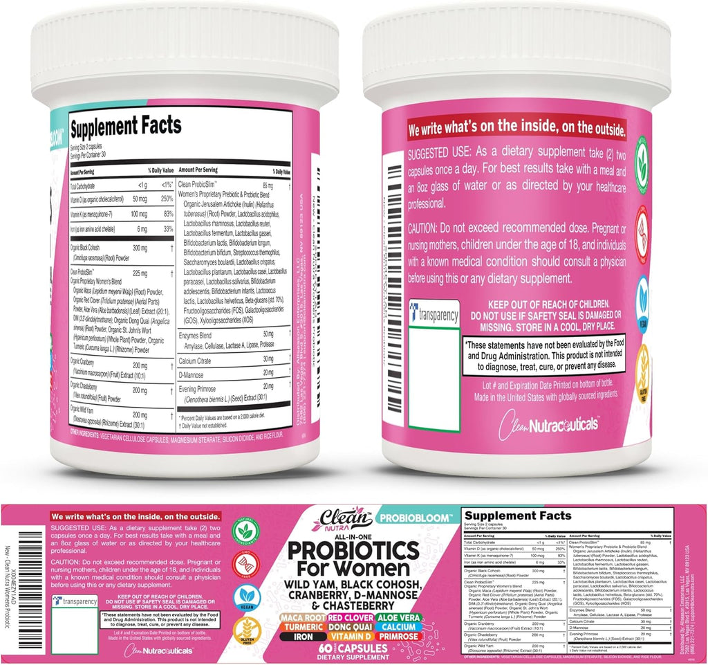 Clean Nutraceuticals Probióticos para Mujeres con D-Manosa, Arándano Rojo, Ñame Salvaje, Sauzgatillo - 20 Cepas Probióticas y Prebióticas - Equilibrio del pH, Probiótico Femenino para la Salud Digestiva - 60 Cápsulas