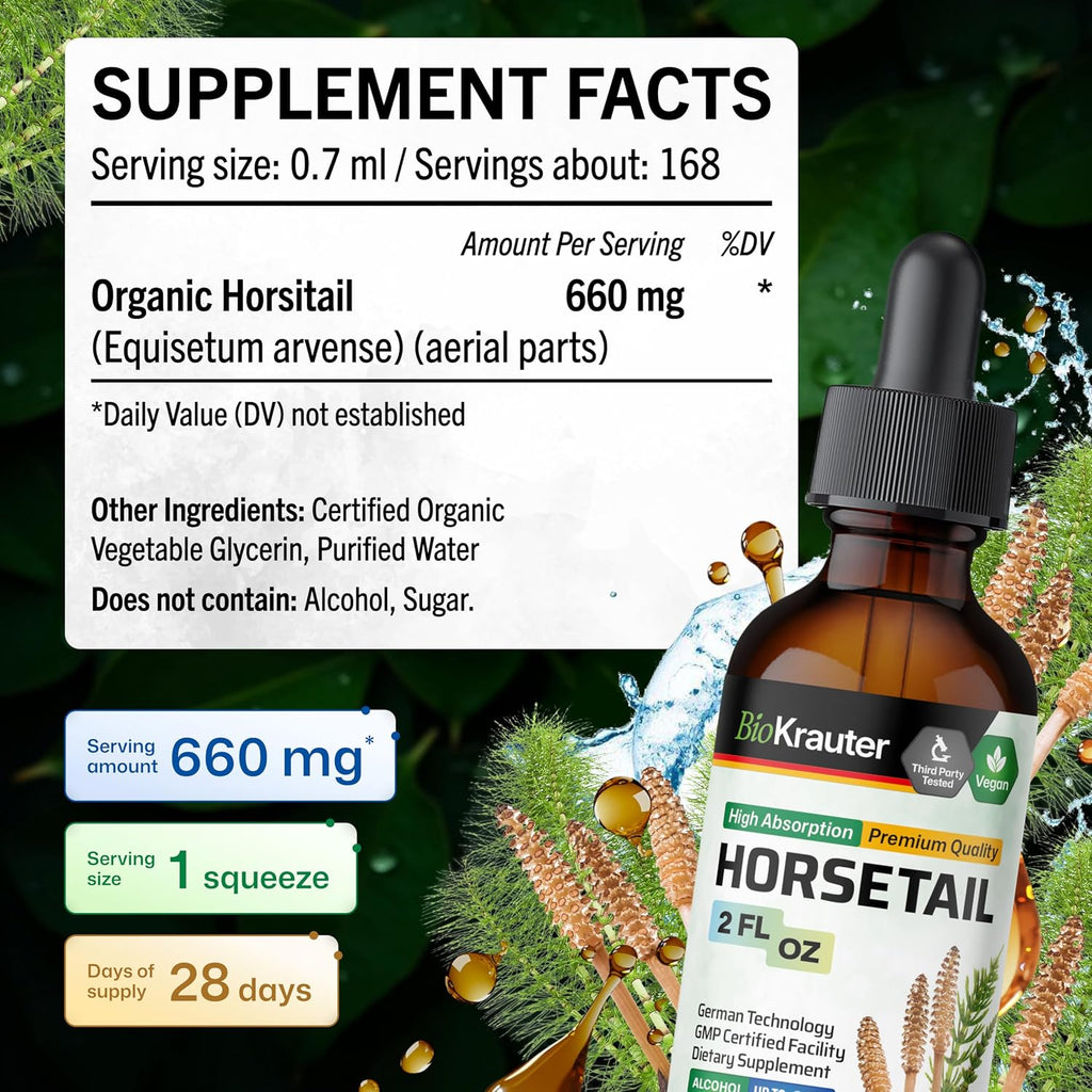 BIO KRAUTER® Cola de Caballo Extracto Líquido para Cabello, Piel y Uñas - 660 mg por dosis - 60 ml - Vegano, Sin Alcohol y Sin Azúcar