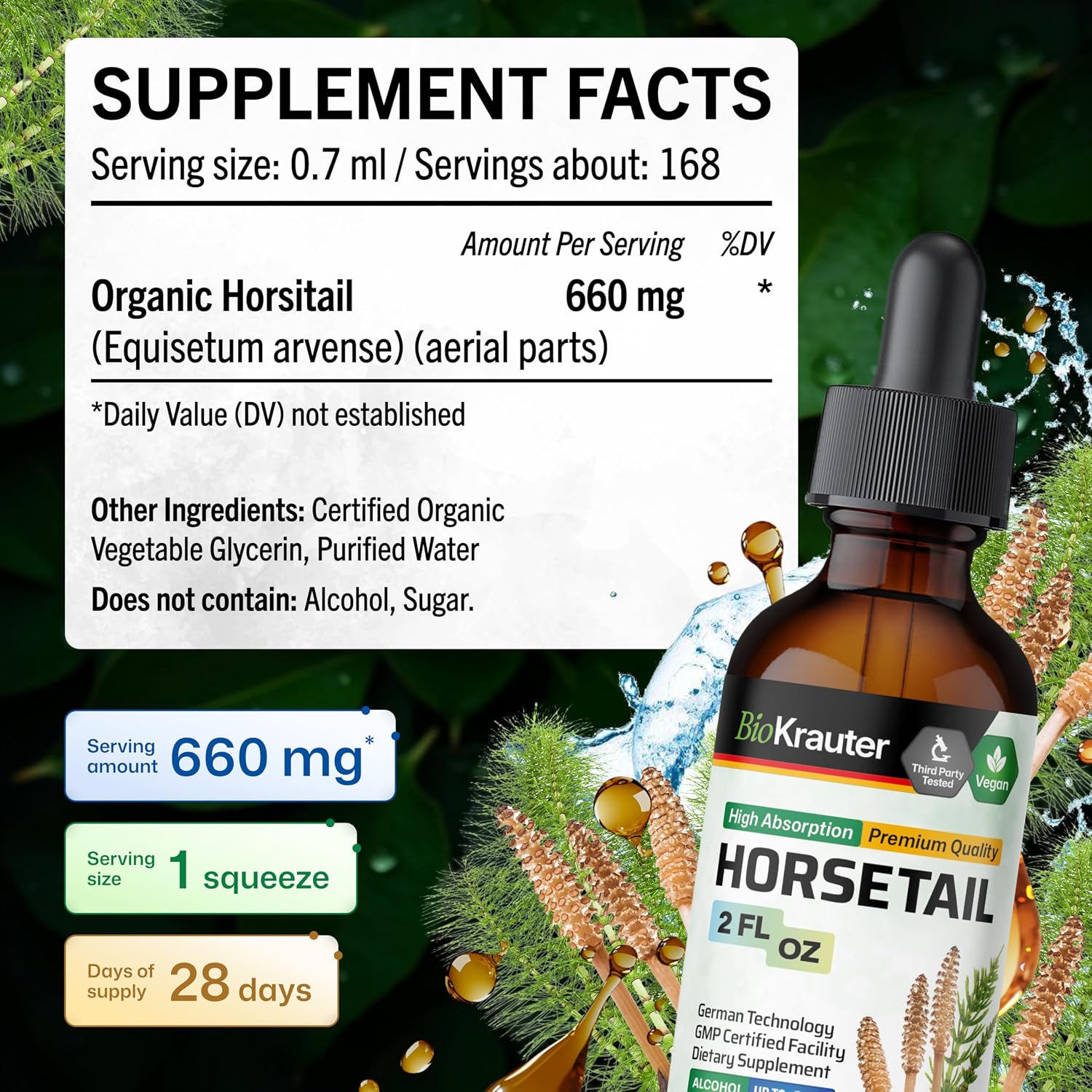 BIO KRAUTER® Cola de Caballo Extracto Líquido para Cabello, Piel y Uñas - 660 mg por dosis - 60 ml - Vegano, Sin Alcohol y Sin Azúcar