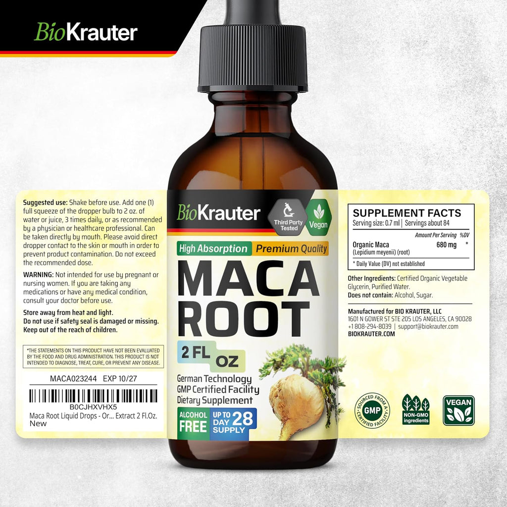 BIO KRAUTER® Maca Root for Women and Men - Vegan Maca Root Liquid Drops 680 mg for Drive & Active Lifestyle Support - 2 Fl.Oz., 28-Day Supply, Non-GMO, Alcohol & Sugar Free Herbal Supplements