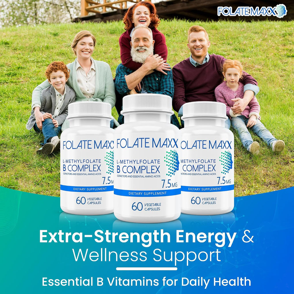 L-Metilfolato 7.5mg con Complejo B Activo - 60 Cápsulas - Alta Potencia 5-MTHF con Vitamina B6 y Metil B12 - 3 en 1, No OGM, Sin Gluten (Suministro para 2 Meses)