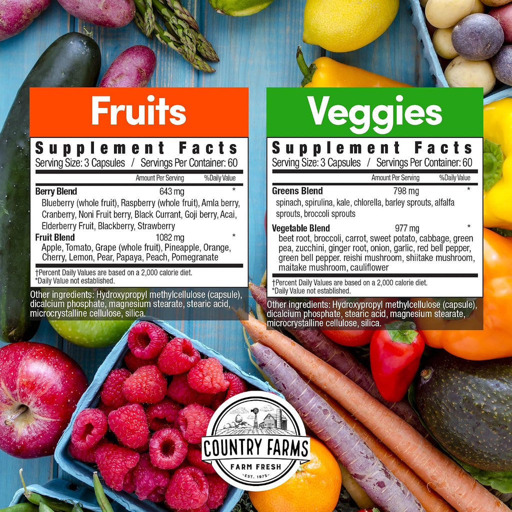 Country Farms Suplemento de Frutas y Verduras, 180 Cápsulas de Fruta y 180 de Verdura, Superalimentos Verdes y Rojos, Antioxidantes, 60 Dosis