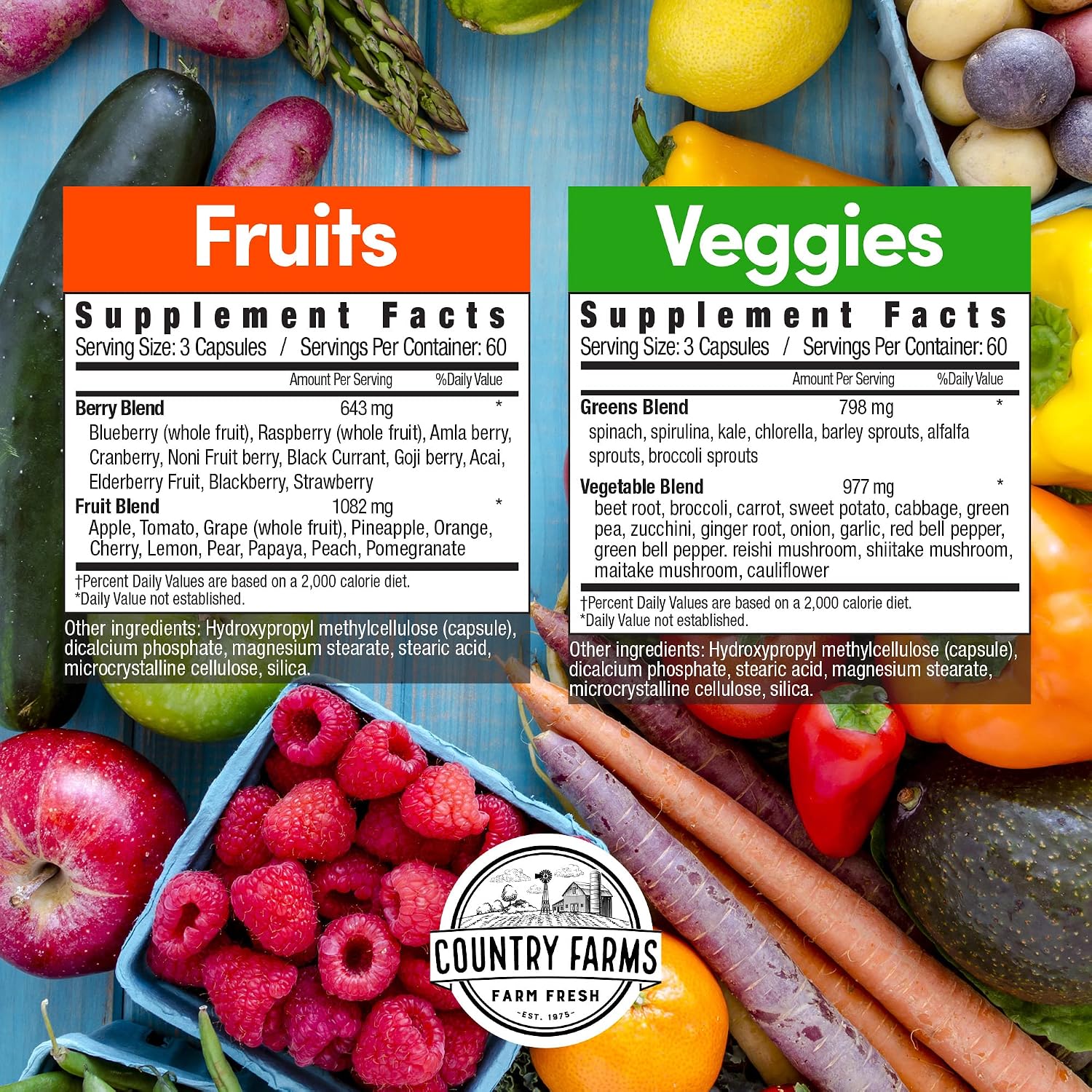 Country Farms Suplemento de Frutas y Verduras, 180 Cápsulas de Fruta y 180 de Verdura, Superalimentos Verdes y Rojos, Antioxidantes, 60 Dosis