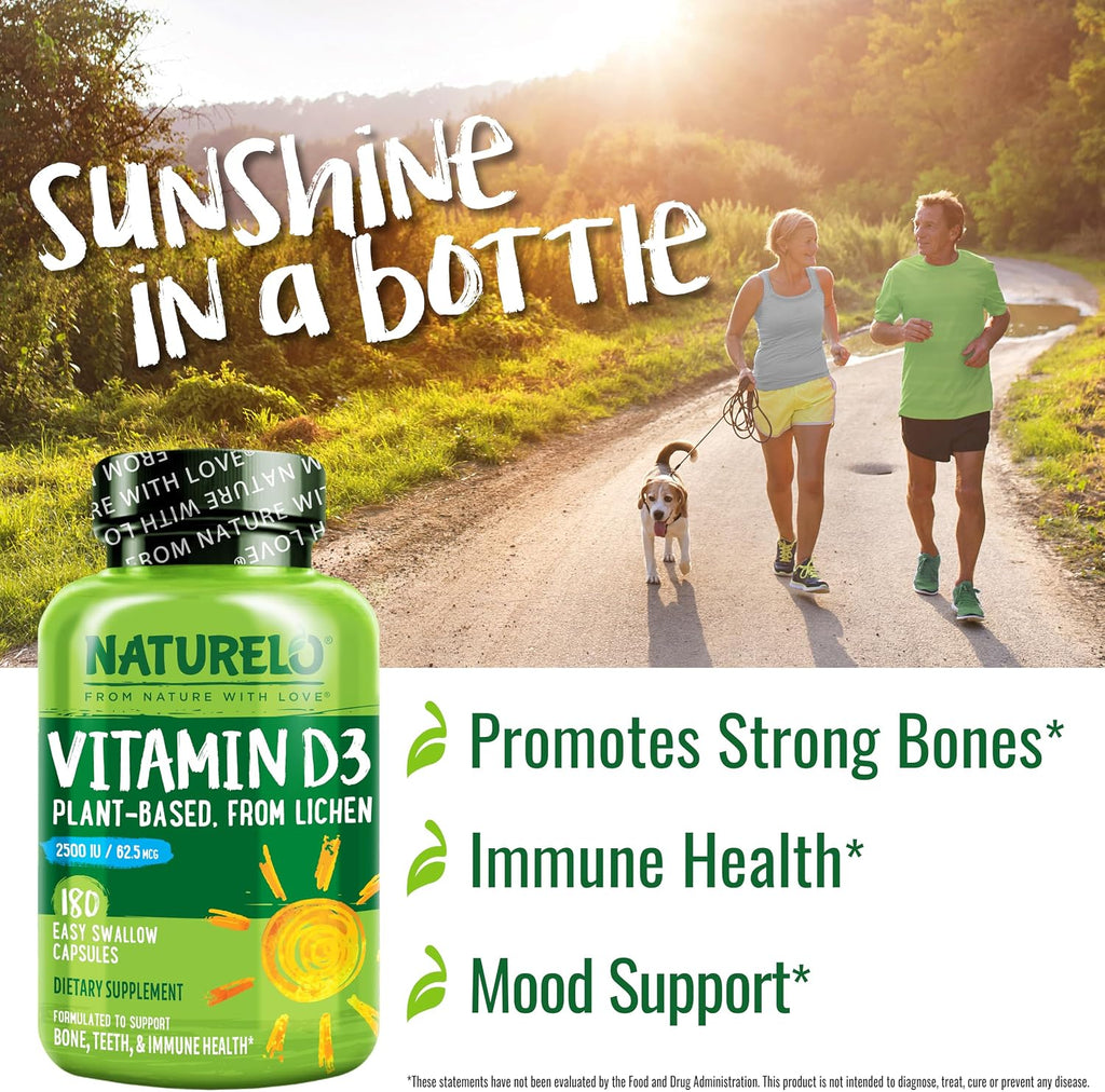 NATURELO Vitamina D3 2500 UI – Vegana a partir de Líquenes – 180 Cápsulas
