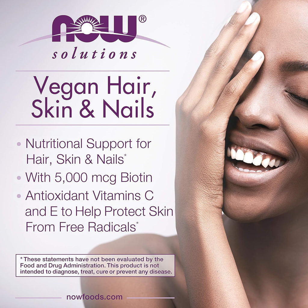 NOW Foods Solutions, Vegan Hair, Skin & Nails - 5000 mcg Biotina, 90 Cápsulas Vegetales
