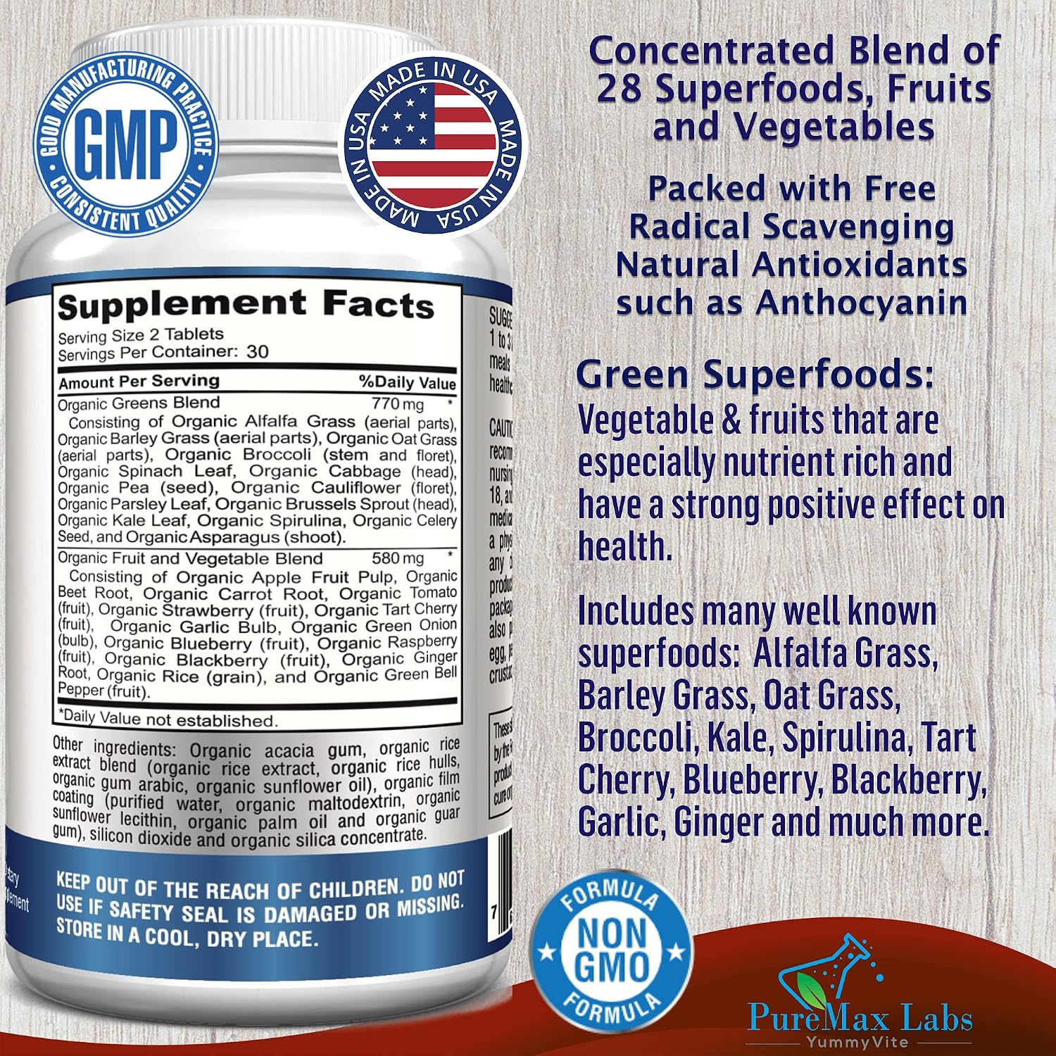 Fruit and Veggie Superfood Greens - 28 Frutas y Verduras Concentradas - 60 Comprimidos