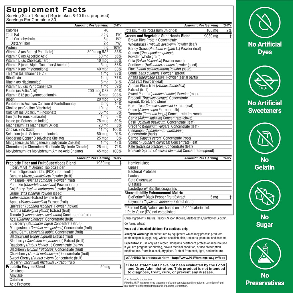 Force Factor Smarter Greens Superfoods Powder - Polvo de Superalimentos con Probióticos y Enzimas Digestivas, 30 Servicios