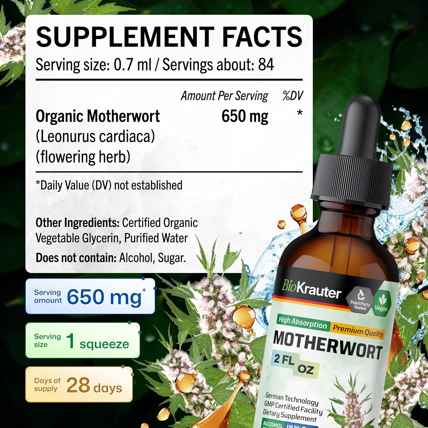 BIO KRAUTER® Tintura de Motherwort - Suplemento Vegano para la Menopausia y Perimenopausia - 2 Fl Oz (59 ml) - 28 Días de Suministro