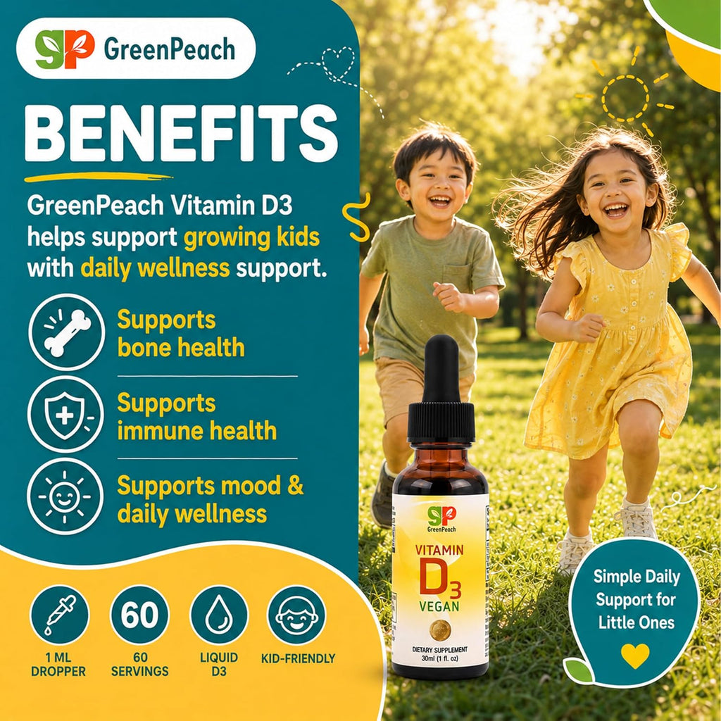 GreenPeach Vitamina D3 Líquida Vegana - Gotas de 400 a 2000 UI para Bebés y Niños