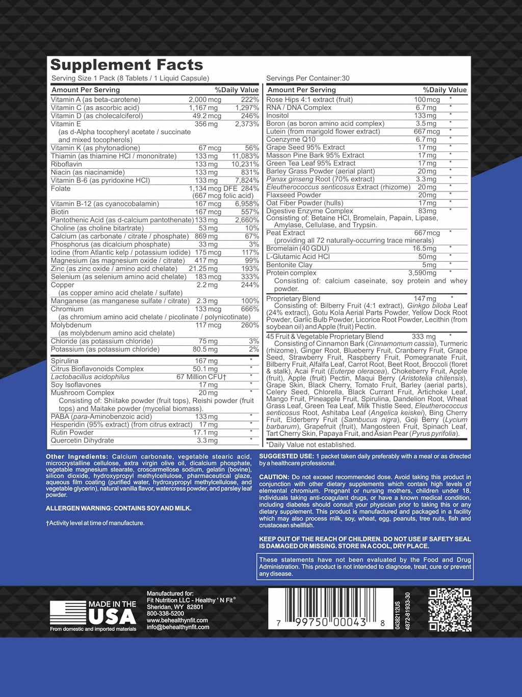 Healthy 'N Fit Super-Nutri Pack (30 sobres) - Multivitamínico de alta potencia con aminoácidos y minerales
