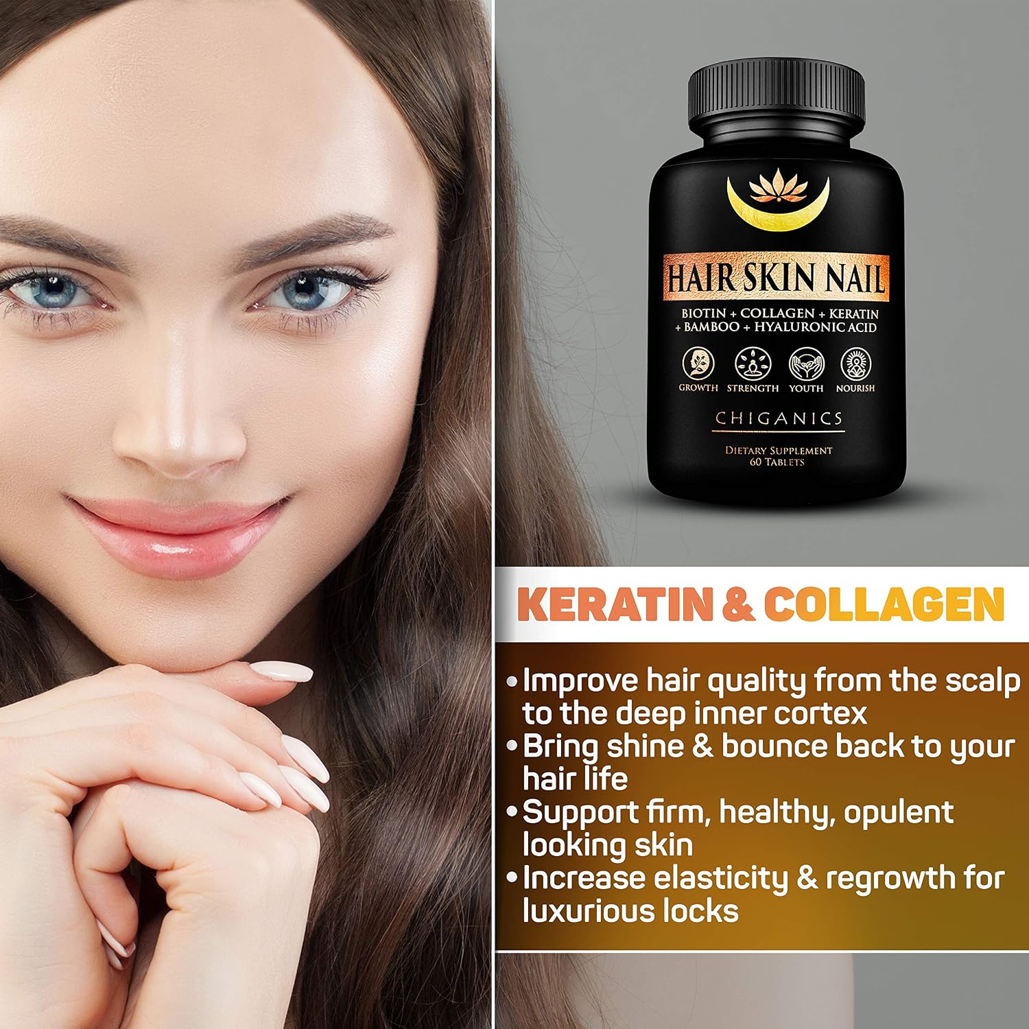 10X Potente Biotina 5000mcg con Keratina, Colágeno y Sílice para Cabello, Piel y Uñas