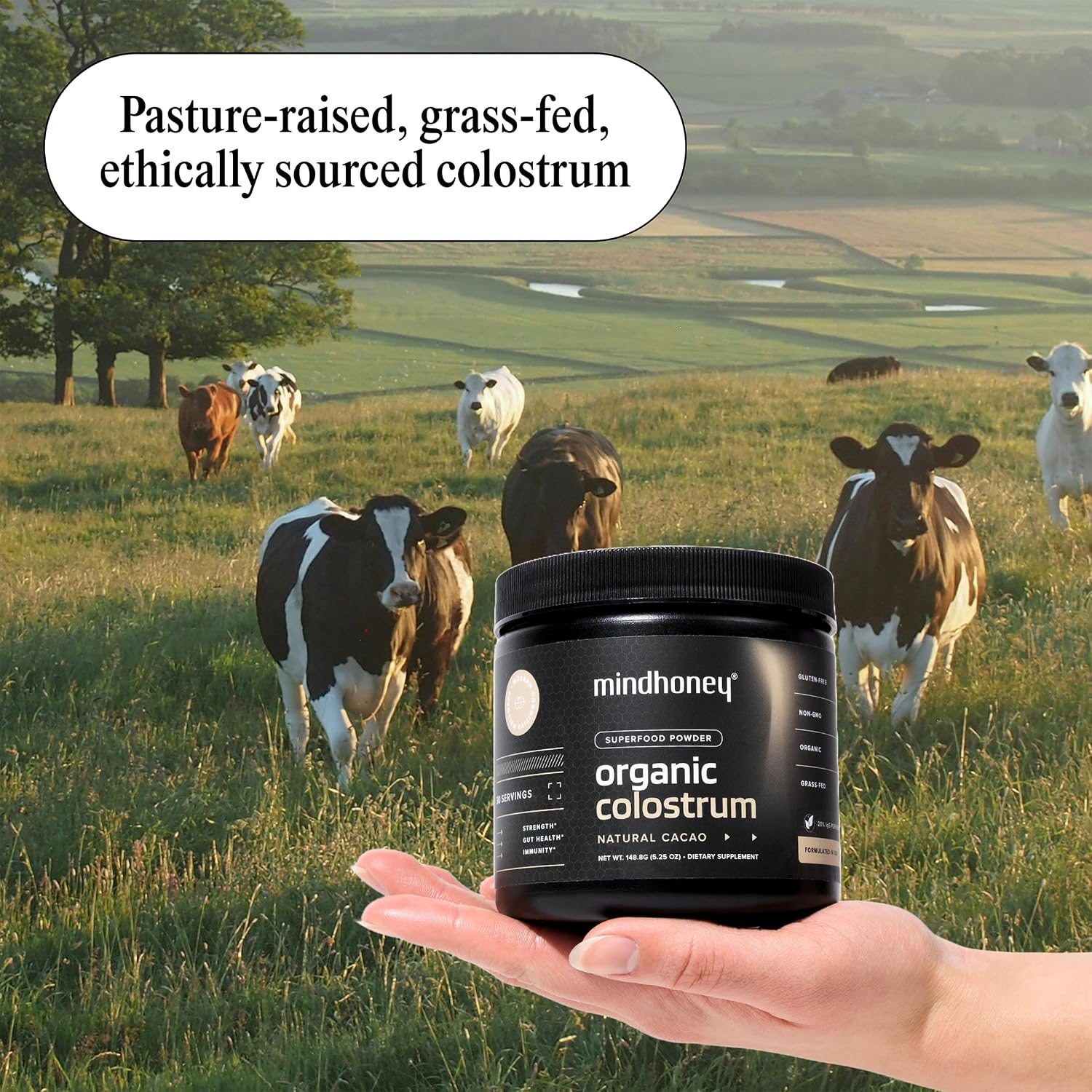 MINDHONEY Organic Colostrum | Premium Cacao Flavored Superfood Powder | Gut Health & Immunity, Skin & Hair, Anti-Aging, Performance & Recovery | Grass-Fed, Pasture-Raised | 30 Servings