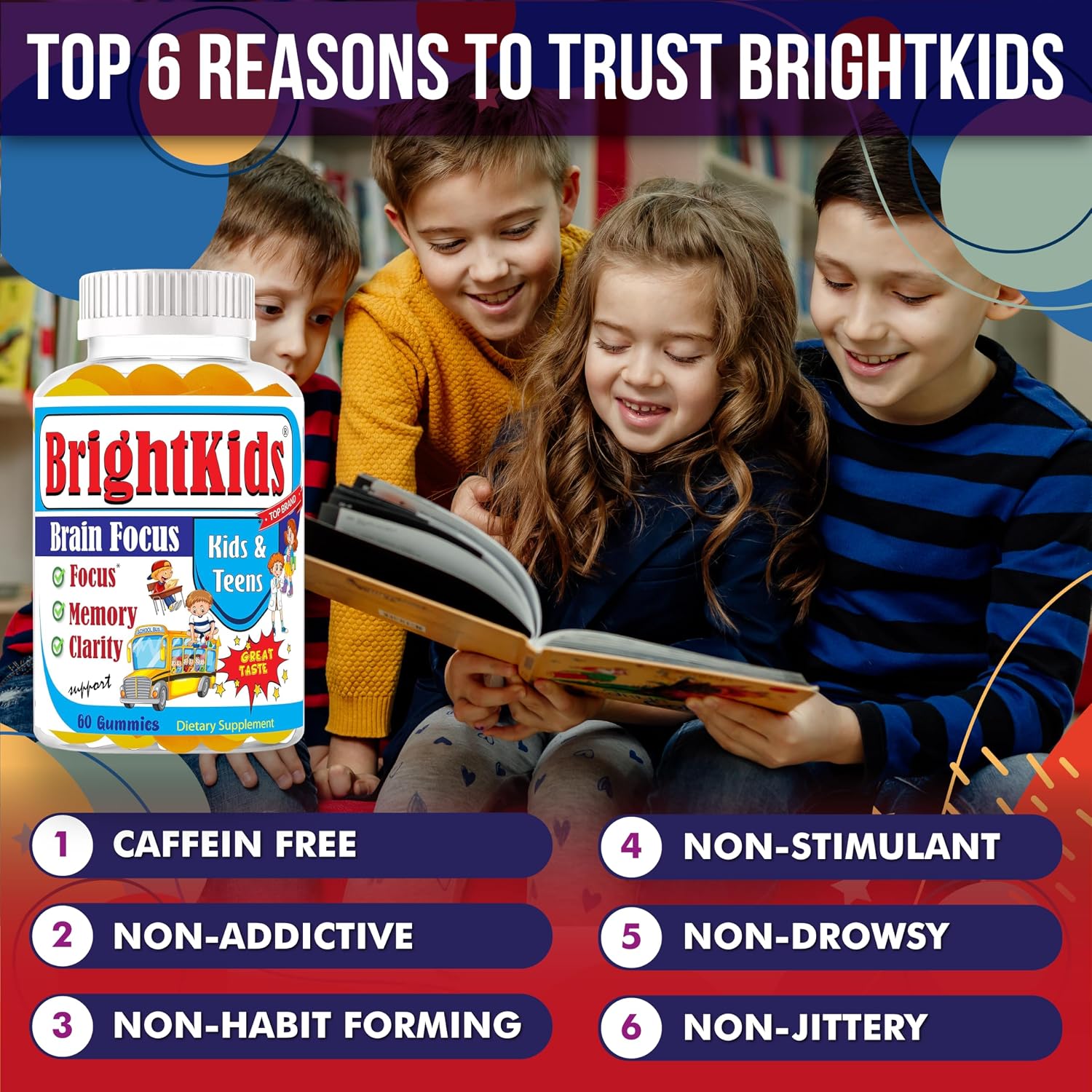 BrightKids Focus Gummies for Kids & Teens - Omega 3 DHA, Memory & Concentration