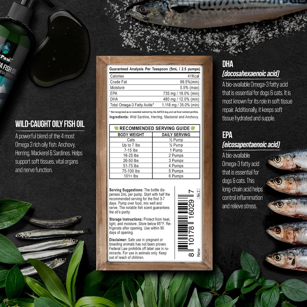 Aceite de Pescado para Perros | Omega 3 Líquido de Captura Salvaje con Dosificador | Apoyo para Piel, Pelaje, Articulaciones, Corazón y Nervios | Alta Potencia EPA y DHA | 473ml