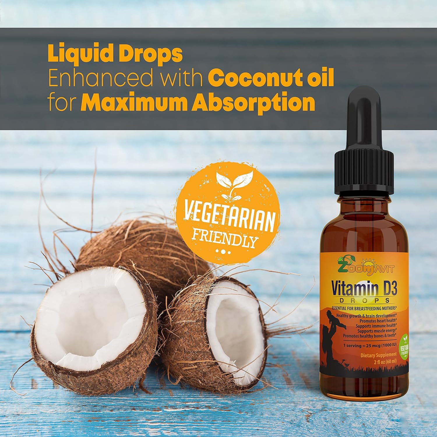 Zoomavit Vitamin D Drops - Gotas de Vitamina D3 1000 UI 59 ml - Fórmula Líquida Orgánica para Bebés, Niños y Adultos