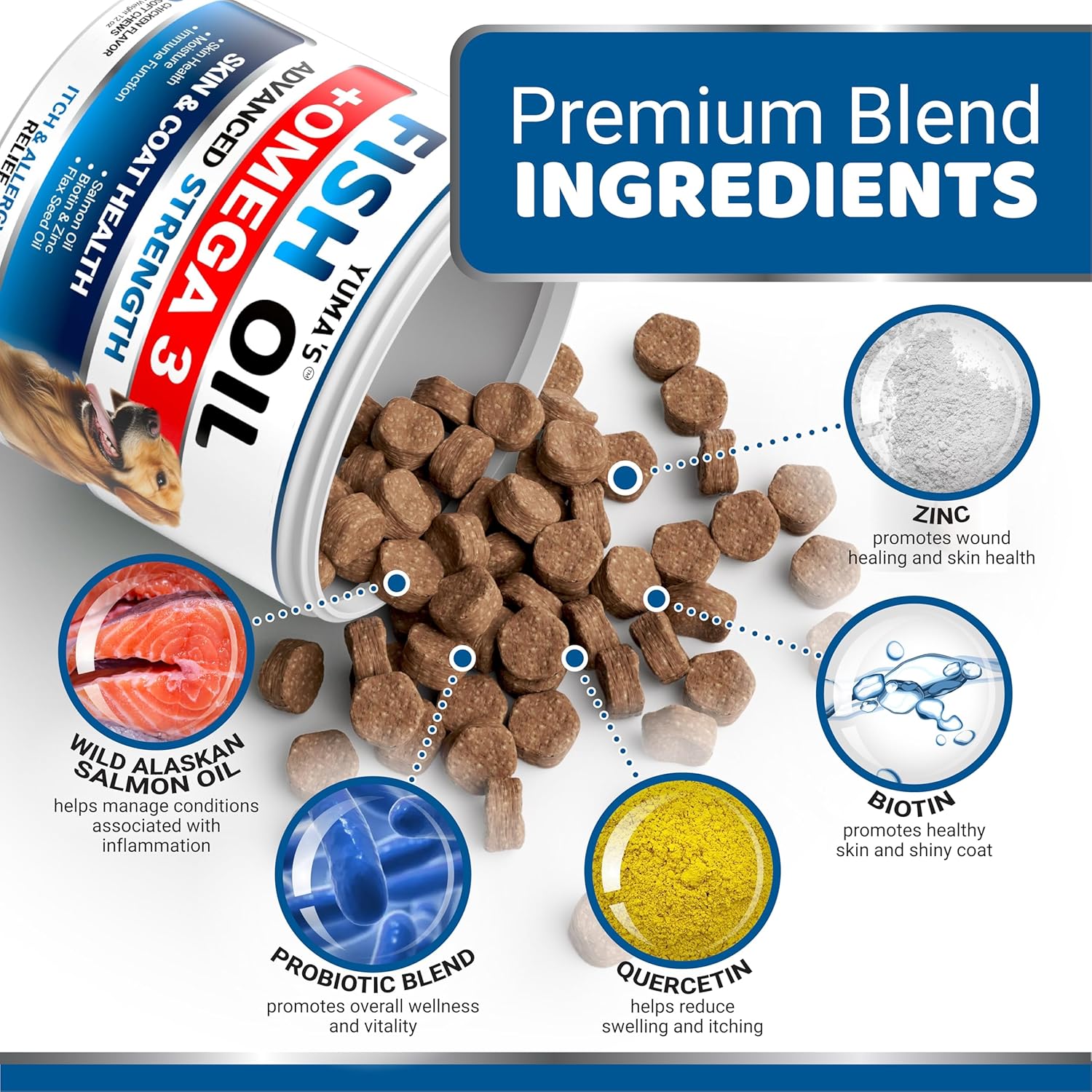 Omega 3 para perros – 170 masticables – Suplemento para piel y pelaje con salmón, EPA y DHA – Sabor pollo