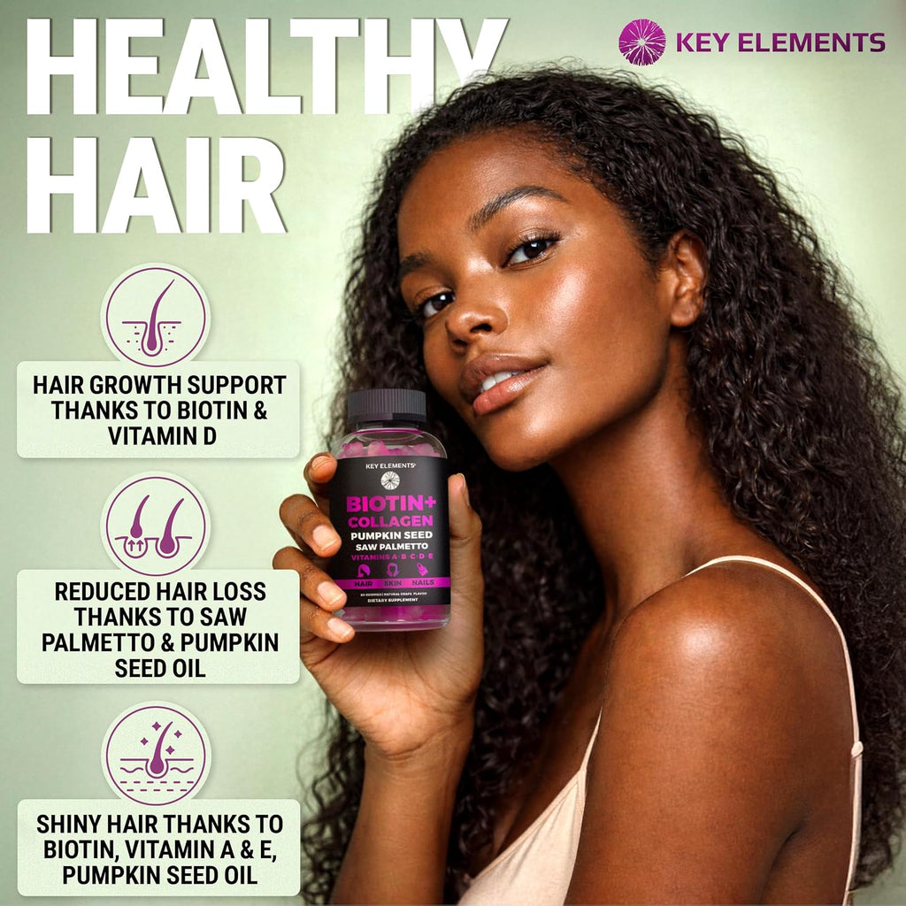 KEY ELEMENTS Gomitas de Biotina 10000mcg y Colágeno para Cabello, Piel y Uñas