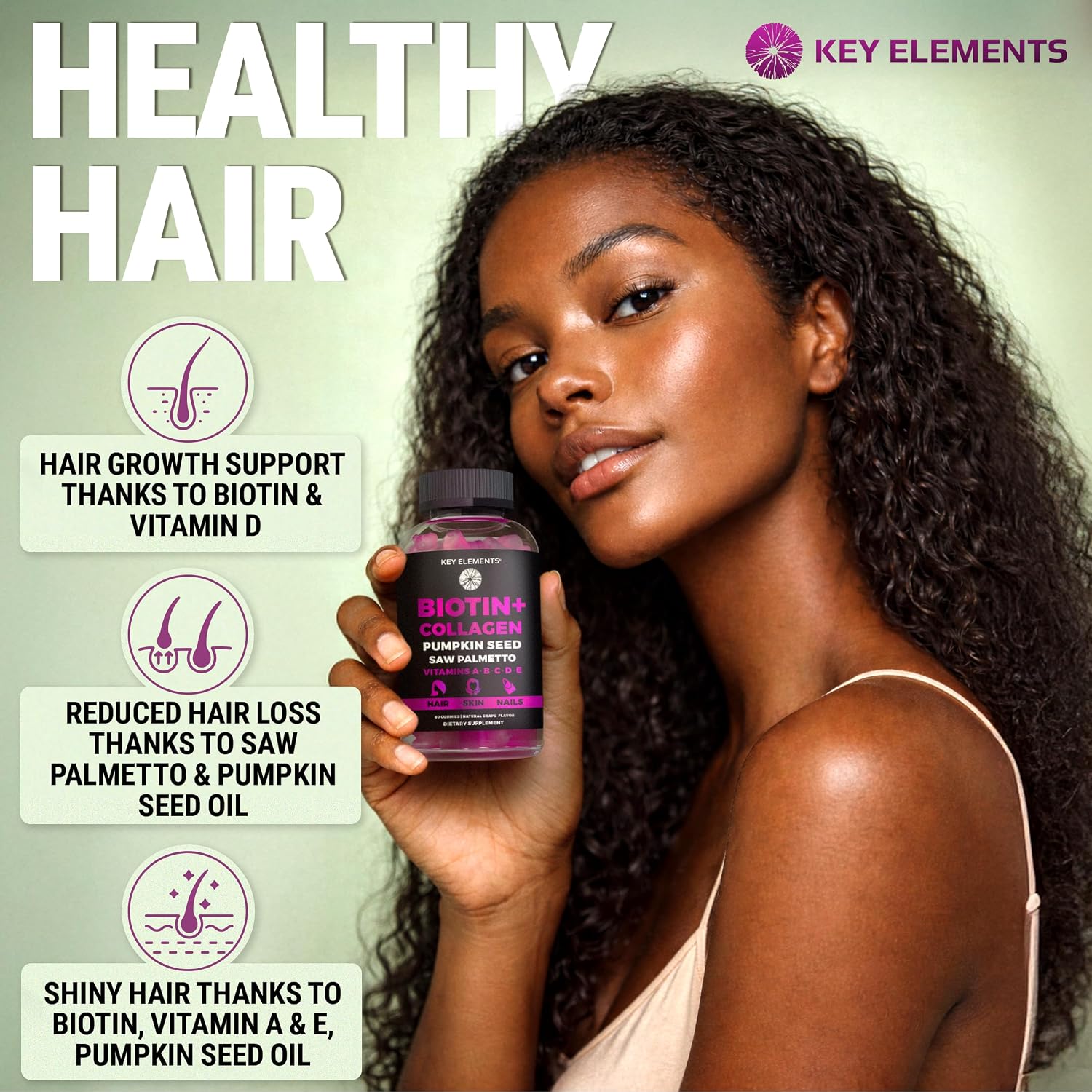 KEY ELEMENTS Gomitas de Biotina 10000mcg y Colágeno para Cabello, Piel y Uñas