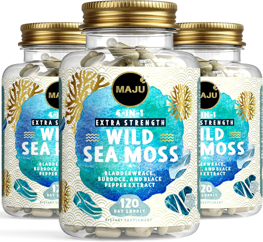 MAJU Wild Irish Sea Moss Cápsulas 4 en 1 (120ct) con Bladderwrack y Bardana