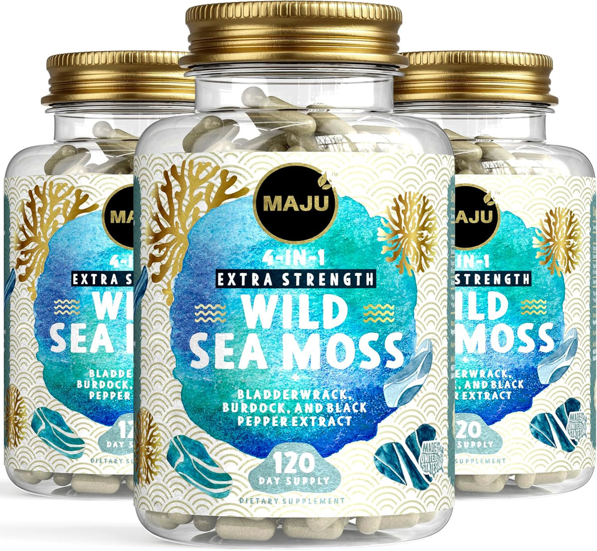 MAJU Wild Irish Sea Moss Cápsulas 4 en 1 (120ct) con Bladderwrack y Bardana – Image 9