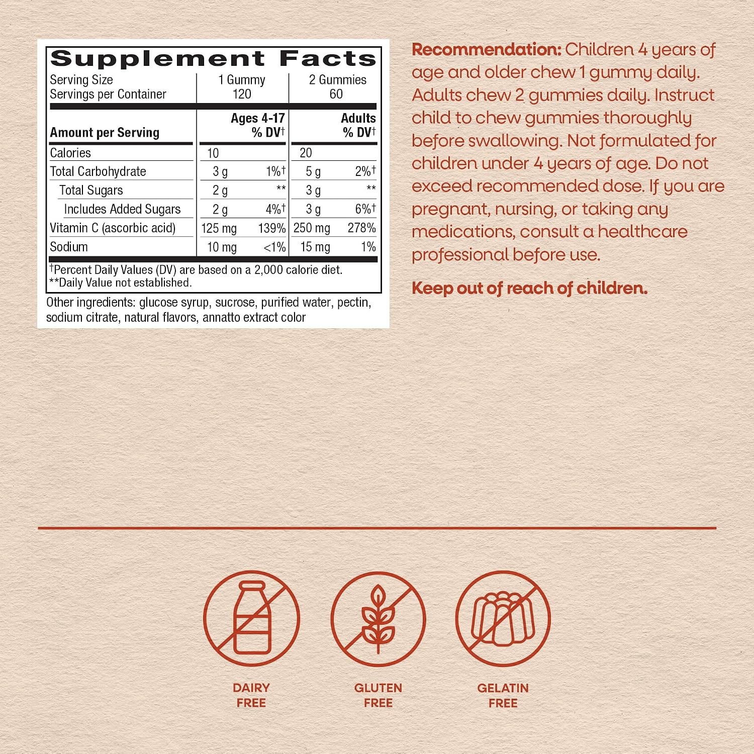 Nature's Way Gomitas de Vitamina C, 250 mg, Sabor Naranja, 120 unidades