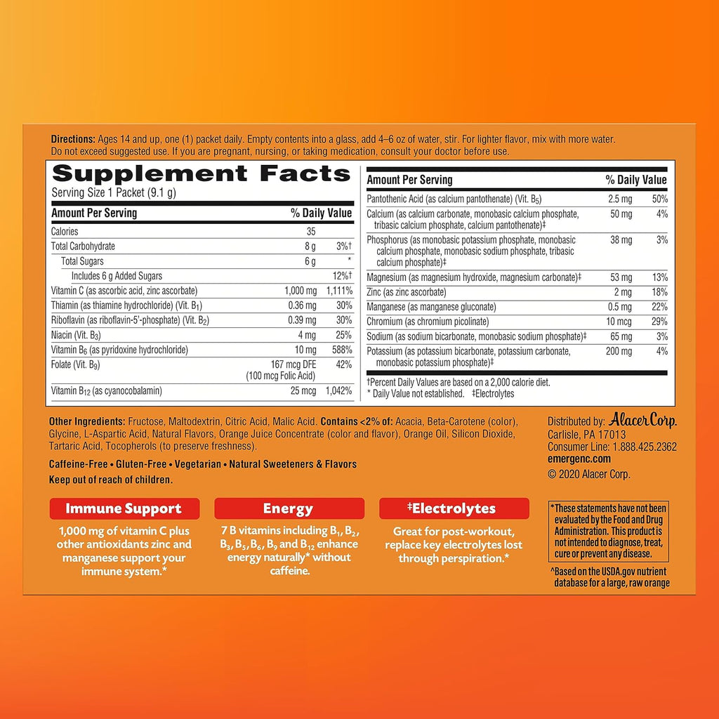 Emergen-C 1000mg Vitamina C en Polvo Sabor Naranja - 60 Sobres (2 Meses)