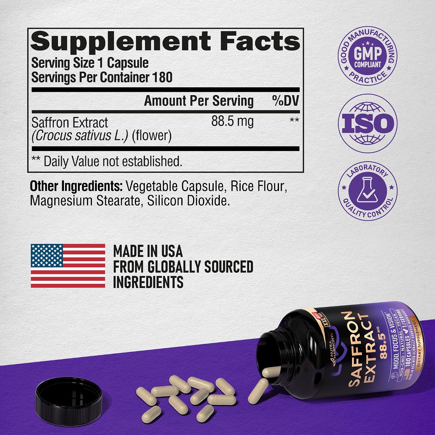 Natural Saffron Supplements - Pure Saffron Extract 88.5 mg - Mood | Focus | Vision | Energy Support - Eye Health for Women & Men - Lab Tested - NonGMO Vegan Pills - 180 Powder Capsules, 6 Month Supply