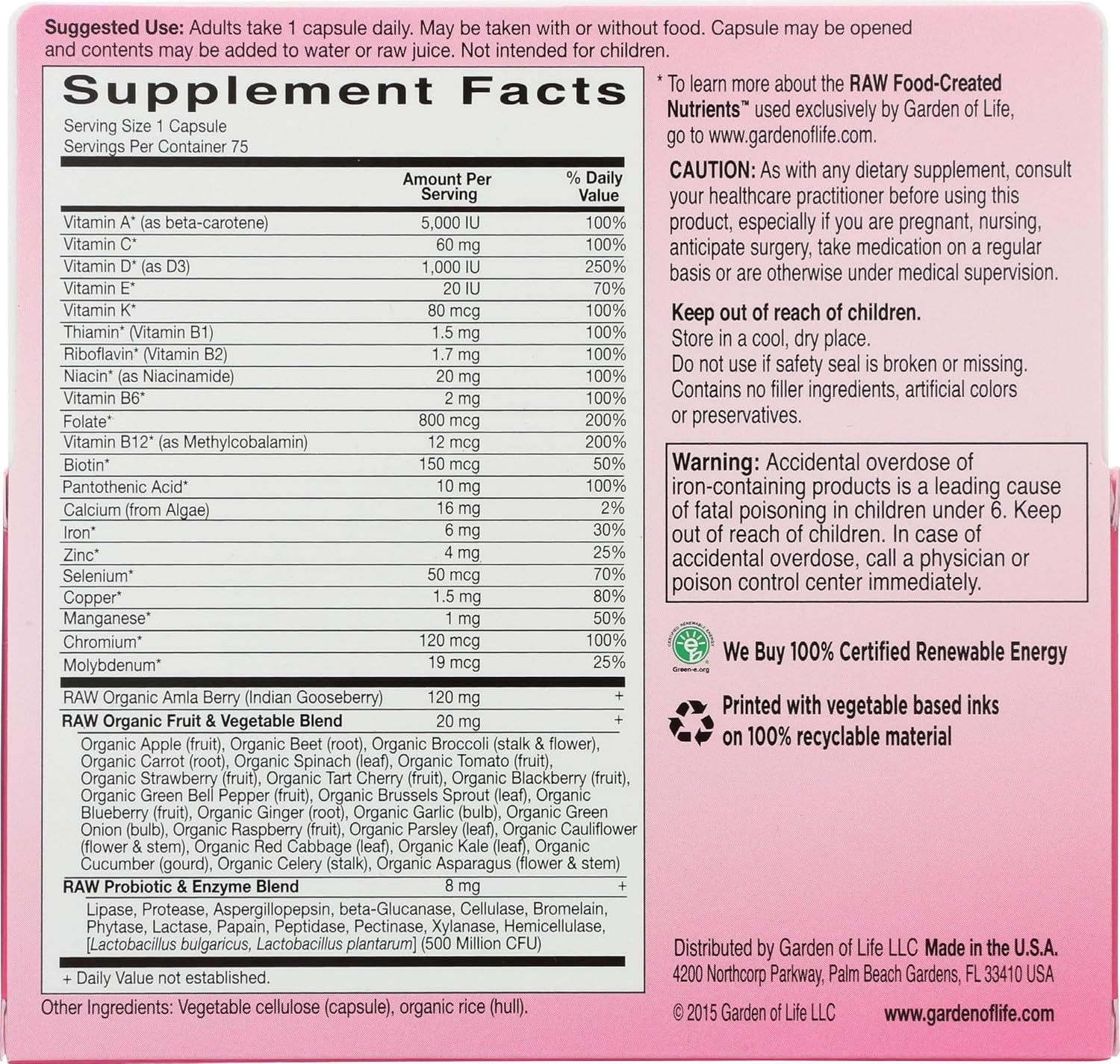 Garden of Life, Raw Vitamin Code One for Women, 75 Cápsulas