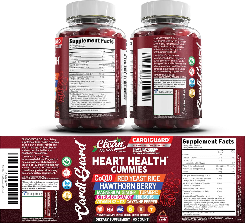 Clean Nutraceuticals CoQ10 Gummies - CardiGuard - Gominolas de Coenzima Q10 con Arroz de Levadura Roja, Espino Blanco, Jengibre, Cúrcuma, Bergamota, Hibisco, Vitamina K2+D3, Magnesio Glicinato, Pimienta de Cayena y Fenogreco - Sabor Naranja