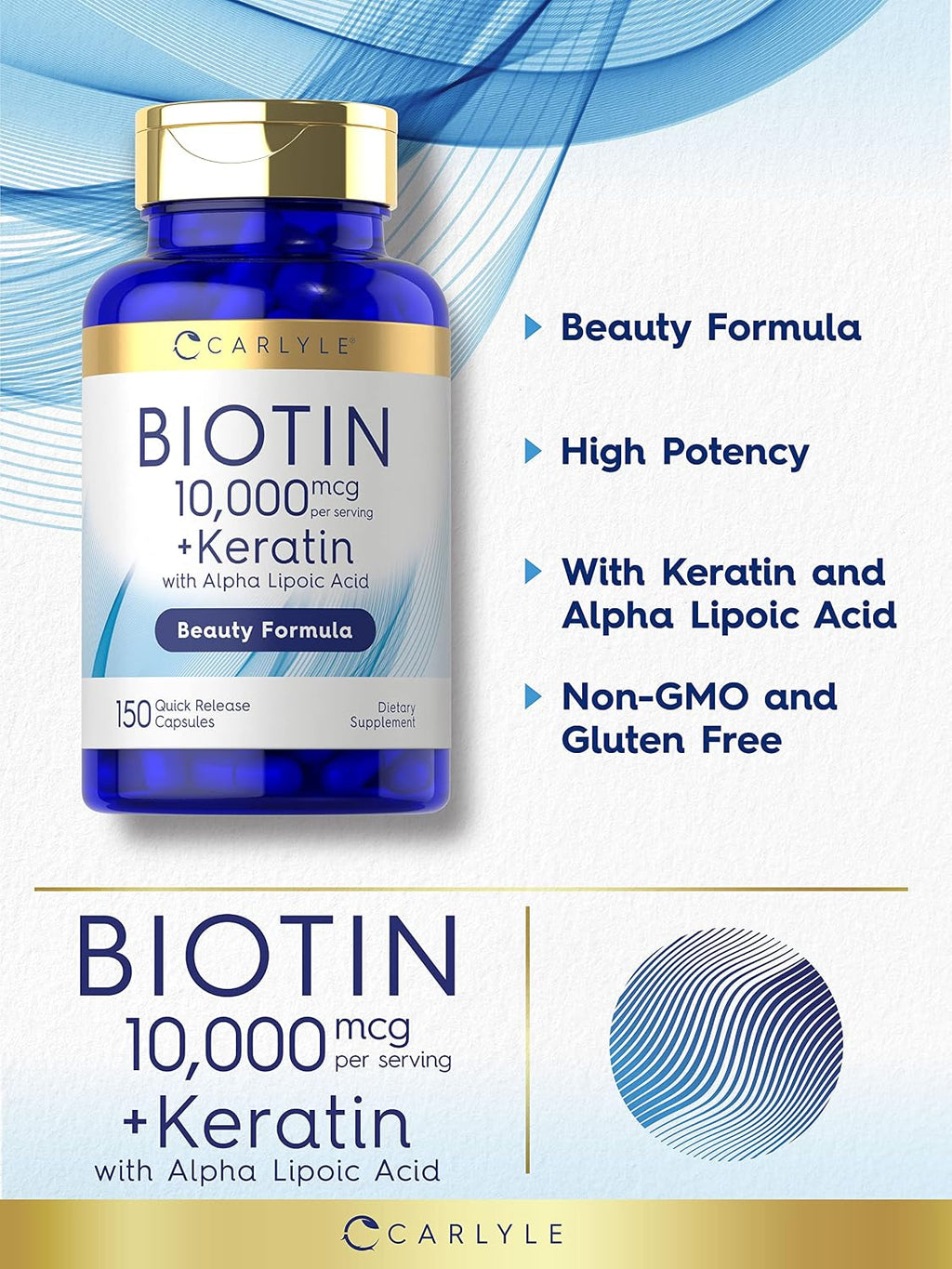 Carlyle Biotin 10000mcg | 150 Cápsulas | Fórmula de Belleza con Keratina | No Transgénico, Sin Gluten