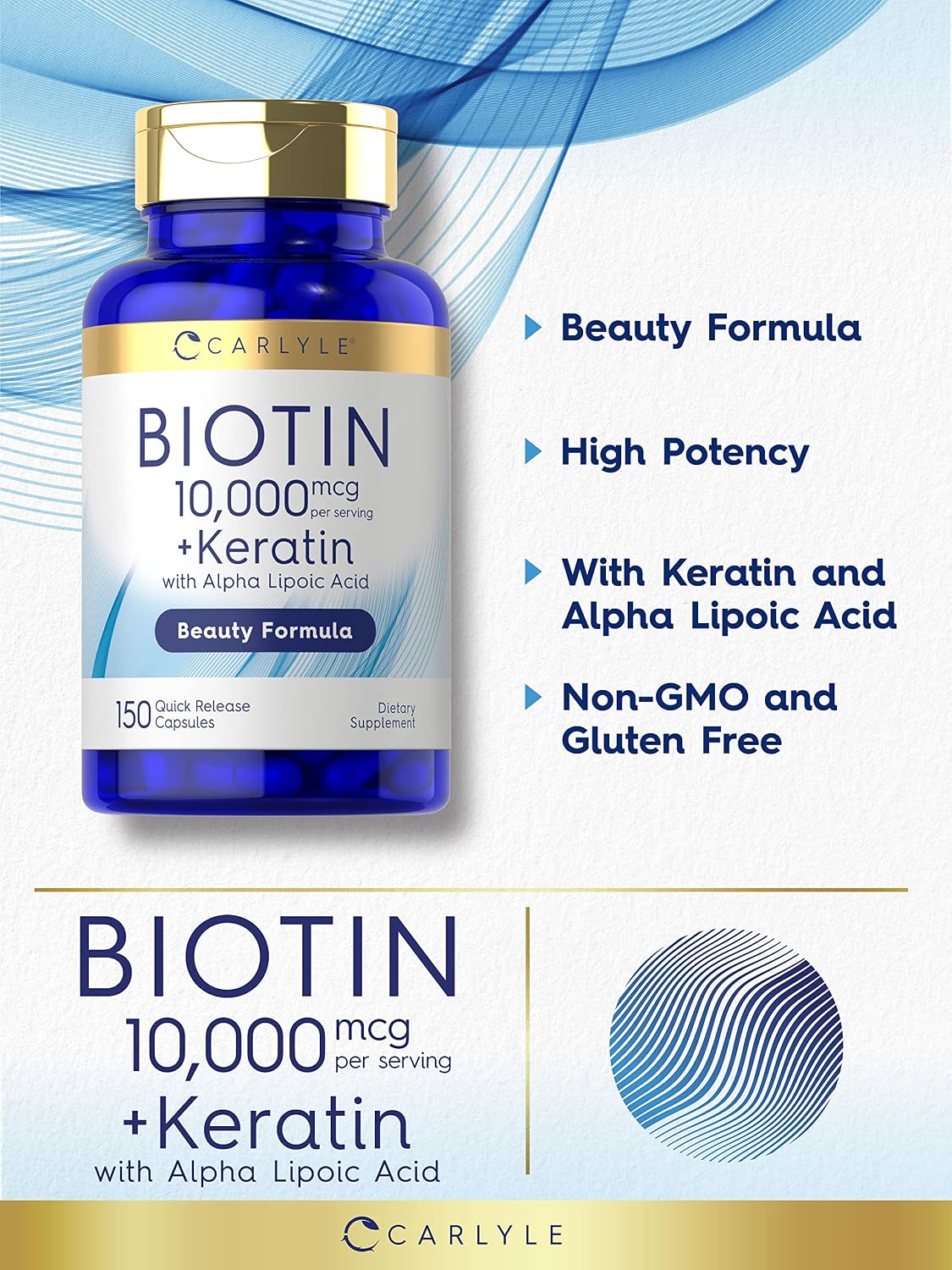 Carlyle Biotin 10000mcg | 150 Cápsulas | Fórmula de Belleza con Keratina | No Transgénico, Sin Gluten