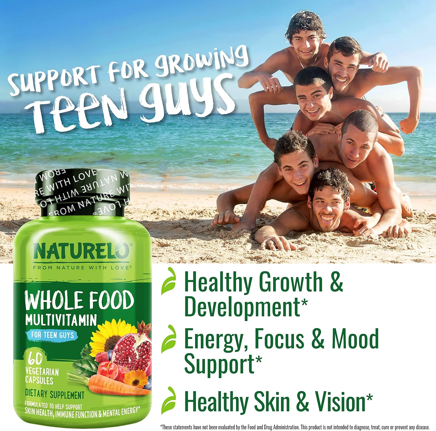 NATURELO Multivitamínico para Adolescentes - Complejo Vitamínico para Chicos - con Extractos Vegetales - No Transgénico - Vegano - 60 Cápsulas