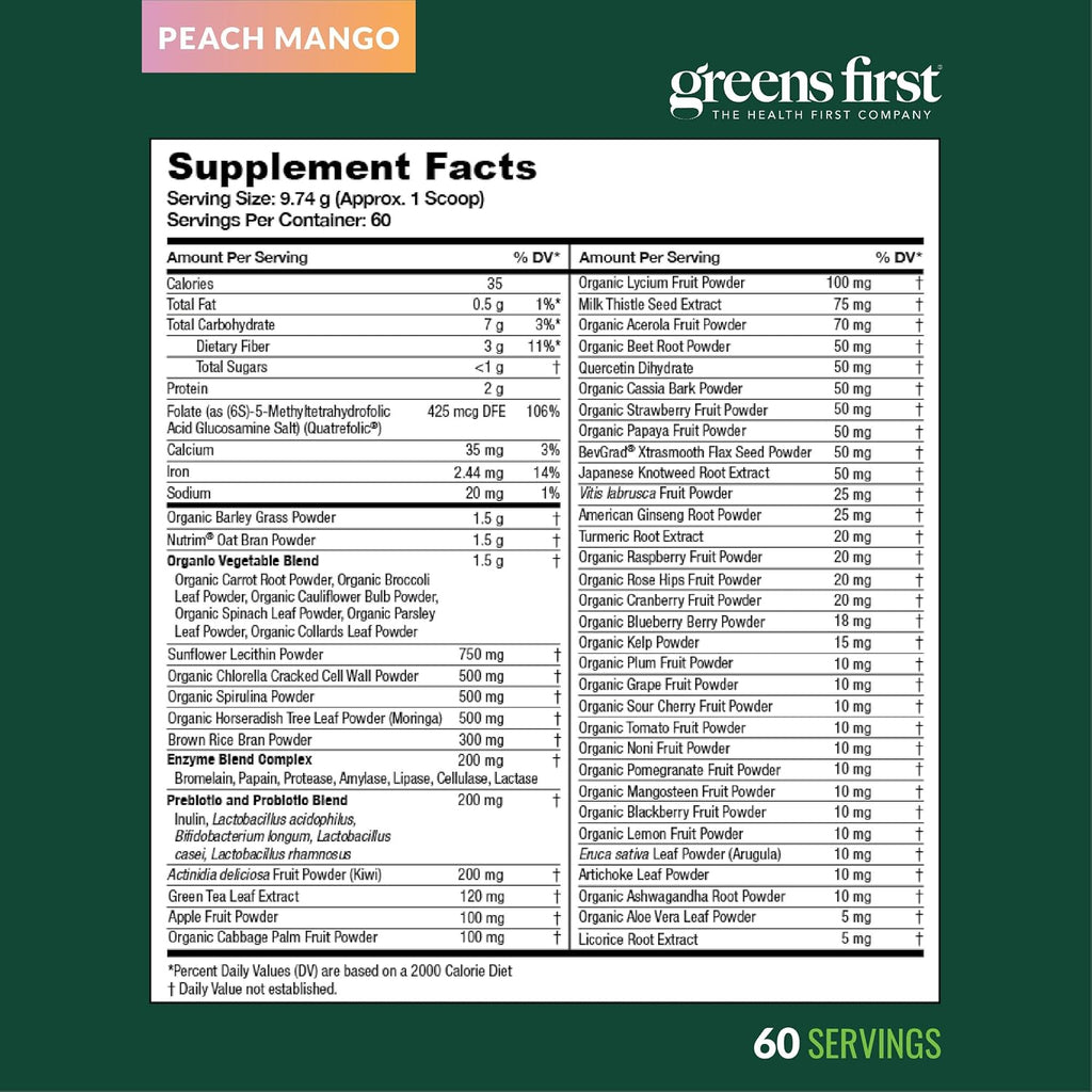 Greens First Original Greens Powder - 49 Superalimentos - Frutas y Verduras Orgánicas - Prebióticos, Probióticos y Enzimas Digestivas - Batido Antioxidante - Sin Lácteos/Vegano/No OGM (Melocotón Mango, 60 Raciones)