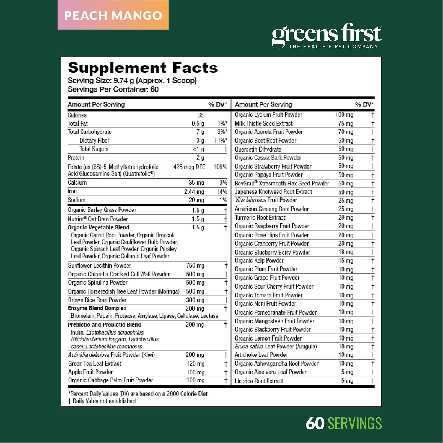 Greens First Original Greens Powder - 49 Superalimentos - Frutas y Verduras Orgánicas - Prebióticos, Probióticos y Enzimas Digestivas - Batido Antioxidante - Sin Lácteos/Vegano/No OGM (Melocotón Mango, 60 Raciones)