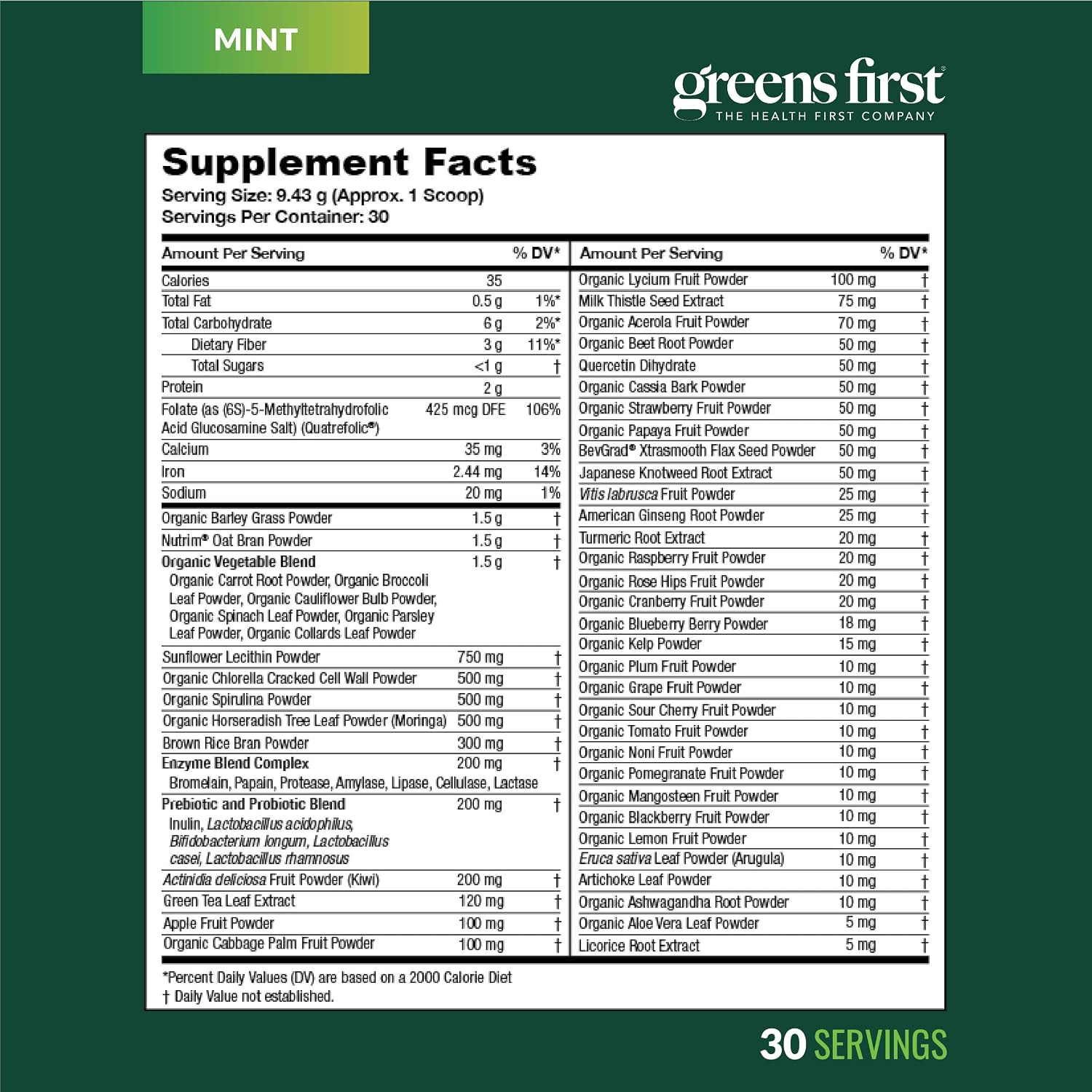 Greens First Gift Set - Edición Limitada con Jarra de Cristal y Polvo Verde Orgánico - 49 Superalimentos - Prebióticos, Probióticos y Enzimas Digestivas - Sin Lácteos, Vegano y No GMO - Menta - 30 Servicios