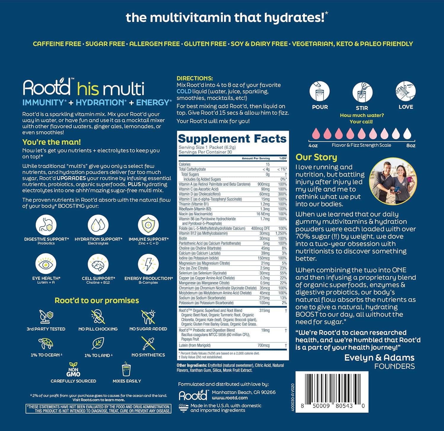 Root'd Multivitamin Powder for Men - 24 Vitaminas & Minerales con 3X Electrolitos, 9 Superalimentos Orgánicos, Probióticos y Enzimas | 30 Sobres de Mezcla