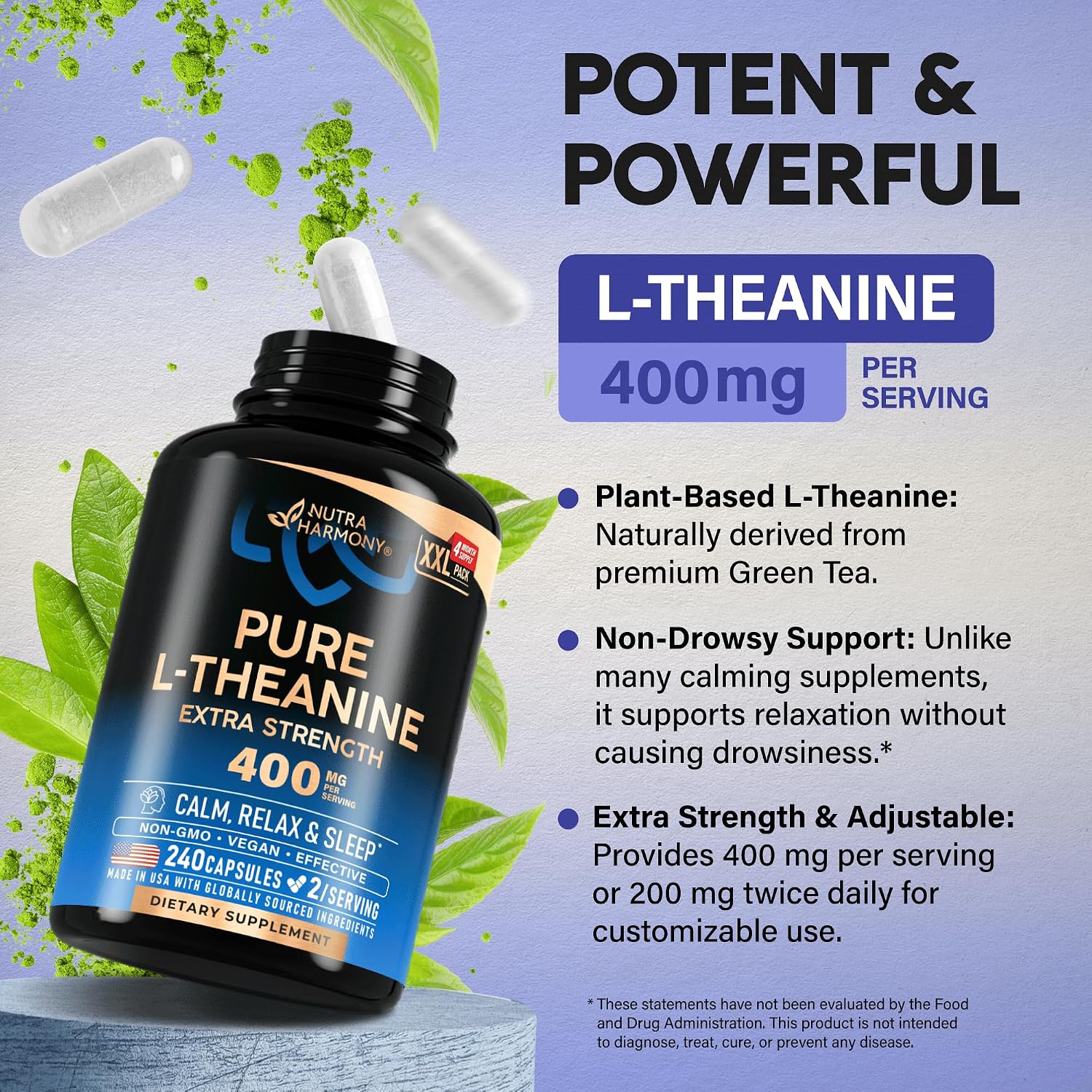 L-Teanina 400 mg | Suplemento de Relajación y Sueño | 240 Cápsulas Veganas