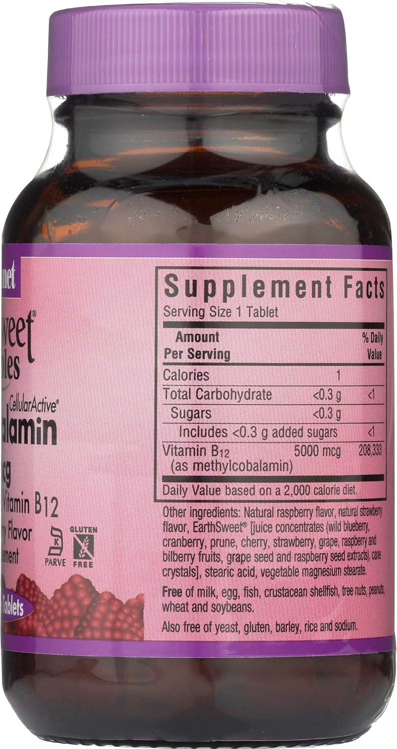 BlueBonnet Nutrition Masticables Earth Sweet, Metilcobalamina CellularActive, Frambuesa, 5,000 mcg, 60 Tabletas Masticables