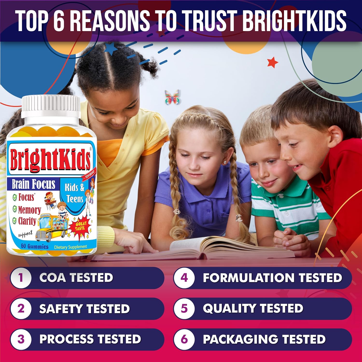 BrightKids Focus Gummies for Kids & Teens - Omega 3 DHA, Memory & Concentration