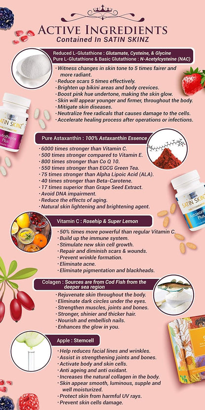 Satin Skinz Glutathione Plus and Astaxanthin – Unifica el tono: Contribuye a atenuar la apariencia de manchas y – Image 6