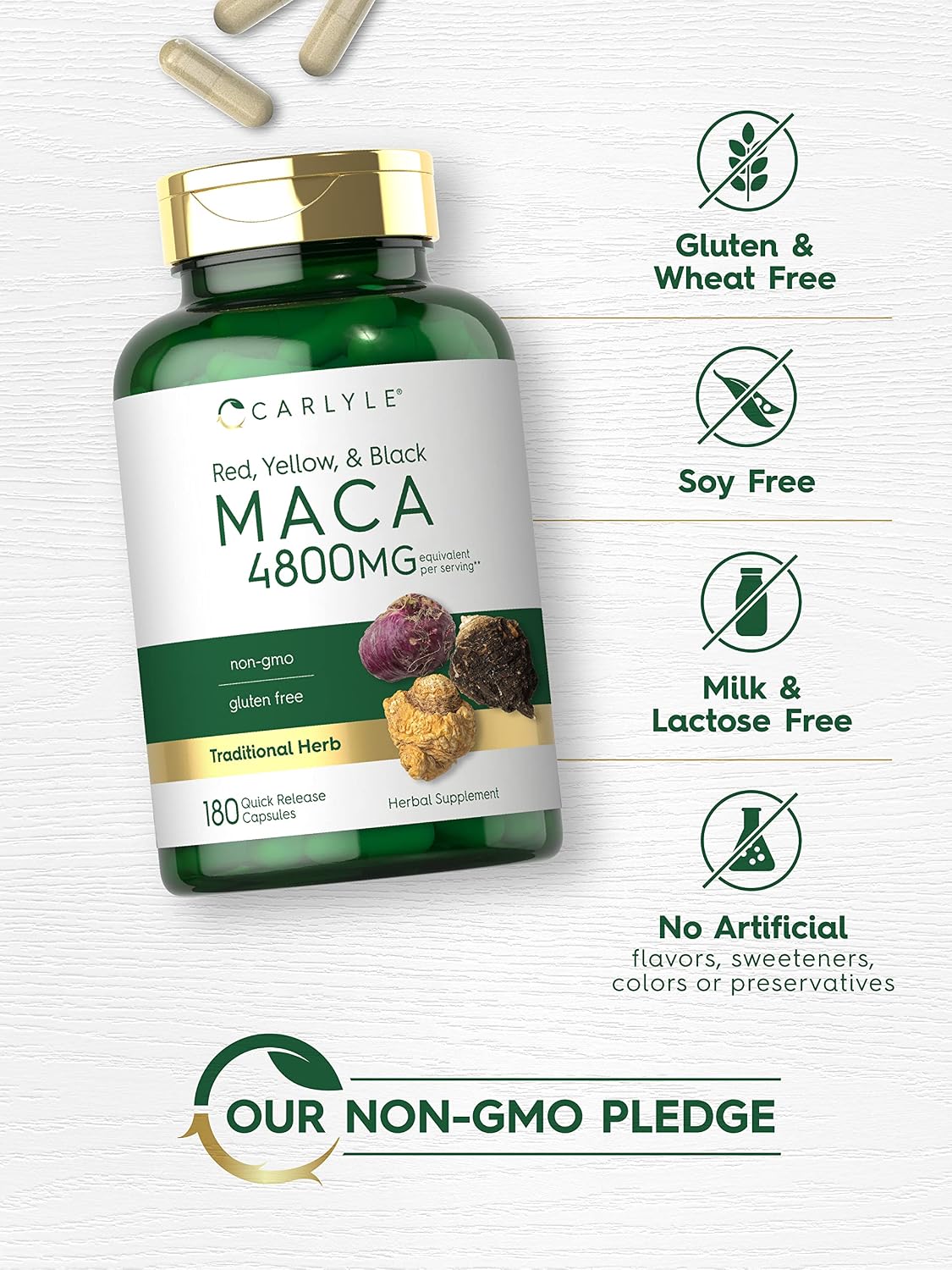 Cápsulas de Raíz de Maca Carlyle - 180 Cápsulas - Extracto de Alta Potencia - Sin Gluten y No GMO
