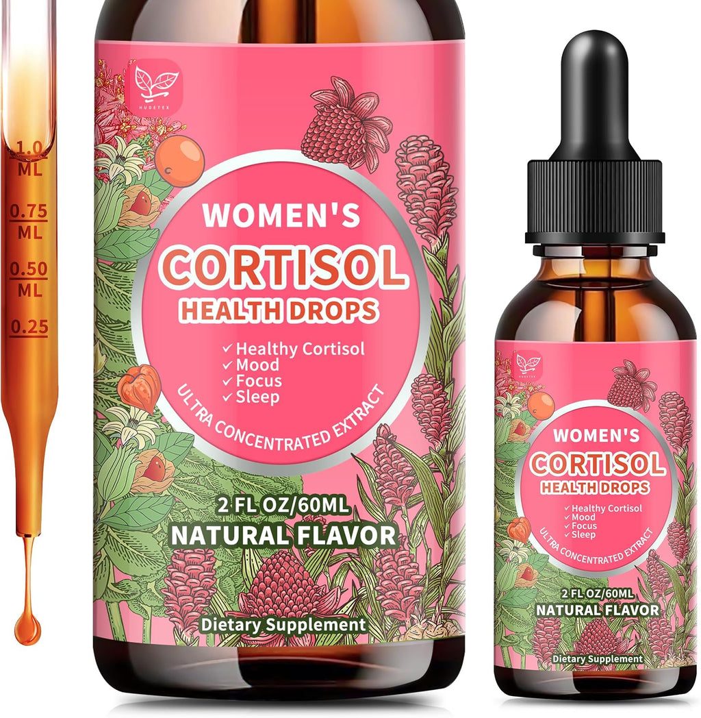 Hudetex Cortisol Supplements for Women Liquid Drops - With Ashwagandha, L-theanine, Phosphatidylserine, Rhodiola Rosea, Plus Black Pepper, Vegan, Natural Flavor, 2 Fl Oz (60 ml)